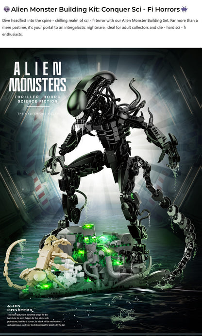 Building Block Set Alien Beast with 958 Pieces, Articulated Black Figure, Scene Base and Long Tail