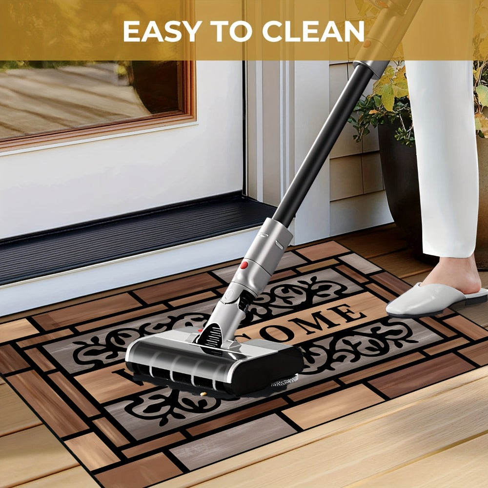 Welcome Doormat Wood Pattern – Entrance Mat with Polypropylene Backing, Indoor Outdoor Floor Mat for Front Door