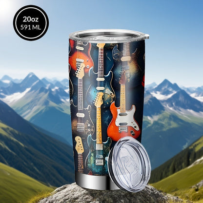 Insulated Tumbler 20oz Guitar Pattern Stainless Steel Travel Mug with Lid and Straw Double for Entryways, Bedrooms and Living Spaces