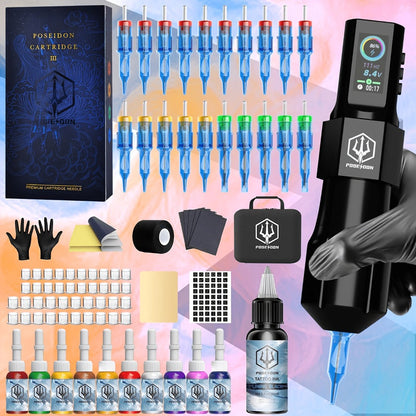 POSEIDON LTK08 Tattoo Kit with 1800mAh Color-Display Pen, 20 Cartridges, 11 Inks and Carry Case