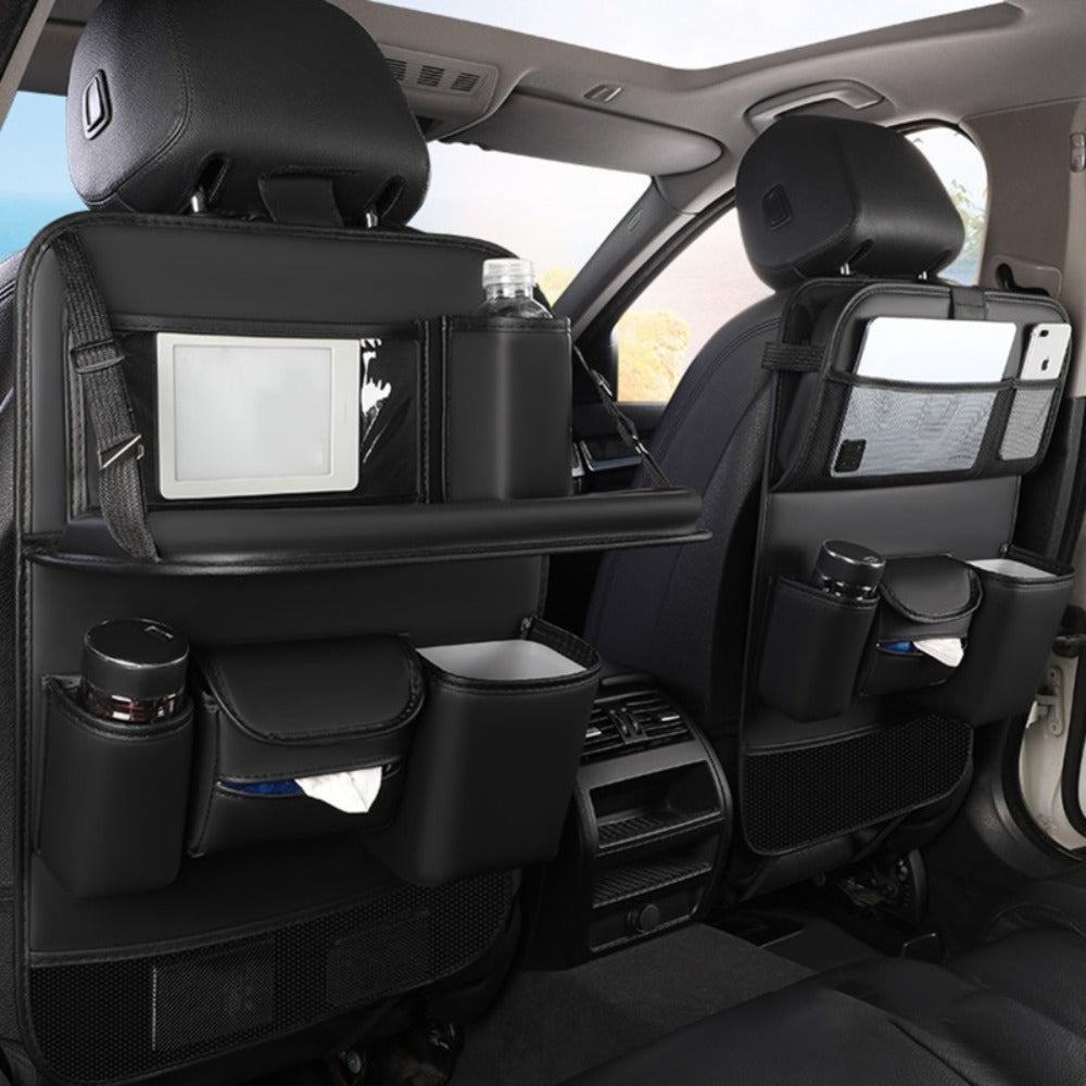 Black PU Leather Car Seat Back Organizer with Laptop Sleeve, Mesh Pockets, Bottle Holders and Foldable Storage