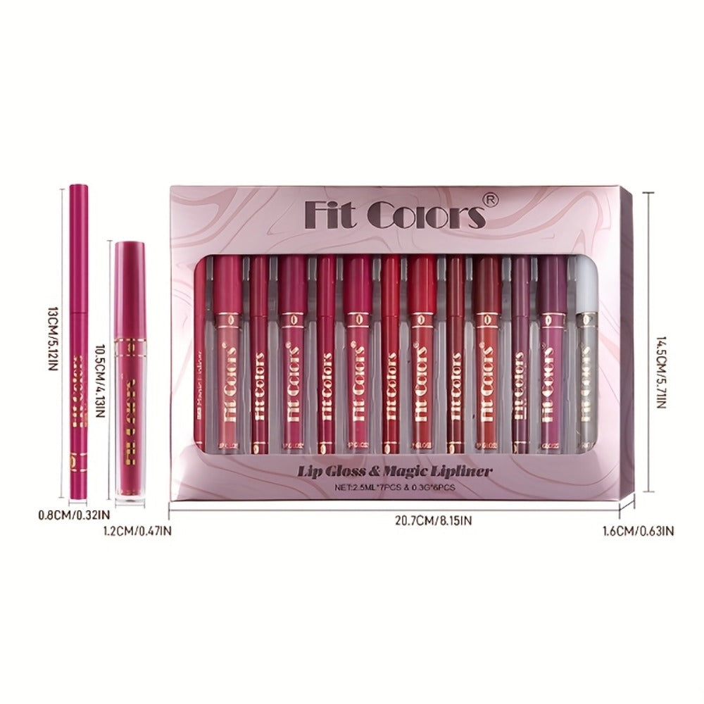 Lip Liner and Lip Gloss Kit 13 Piece Matte Non-Stick Waterproof Pigmented Long-Lasting Moisturizing Lip Glaze Combo Set for Defined Glossy