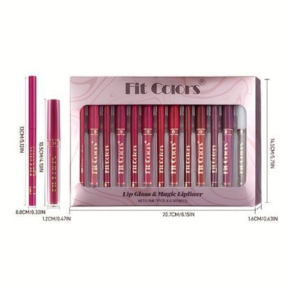 Lip Liner and Lip Gloss Kit 13 Piece Matte Non-Stick Waterproof Pigmented Long-Lasting Moisturizing Lip Glaze Combo Set for Defined Glossy
