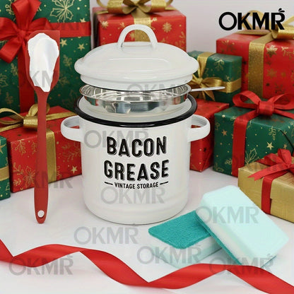 Bacon Grease Container with Lid, Large Grease Storage Can with Heat-Resistant Filter, Silicone Spatula & Cleaning Sponge Set