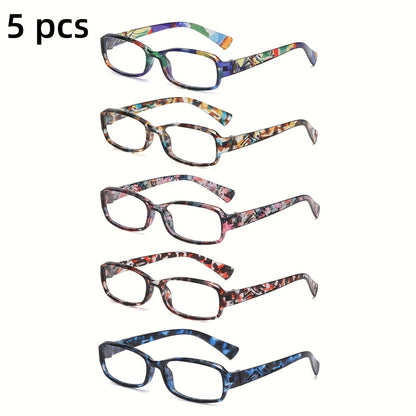 Reading Glasses 5-Pack Square Multicolor Printed Frames with Lens Design and 1.0x to 4.0x Options