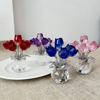 Glass Rose Sculpture Floral Home Decor – Sparkling Leaves Art Figurine for Bedroom, Living Room, Valentine's Day Gift