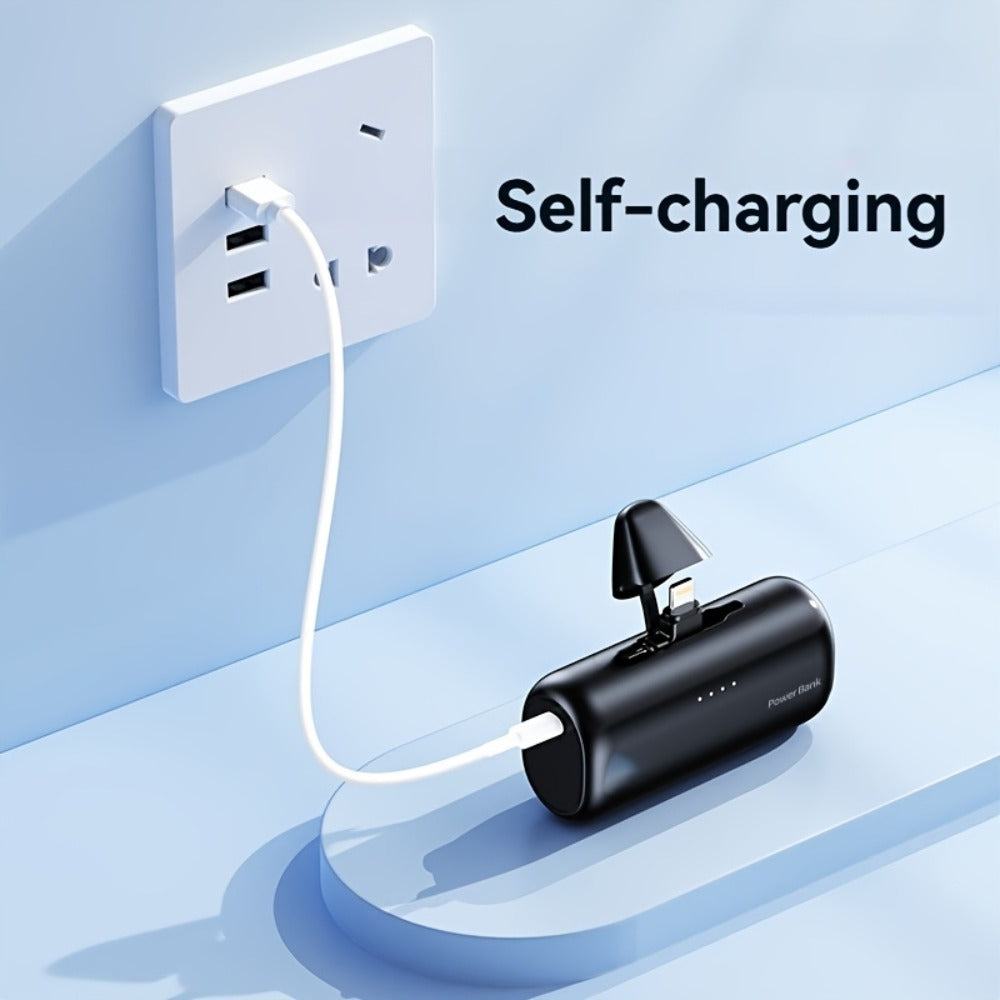 Power Bank 5000mAh Mini with Rotating 2-in-1 Lightning/USB-C Plug and Battery Indicator in Black or Pink