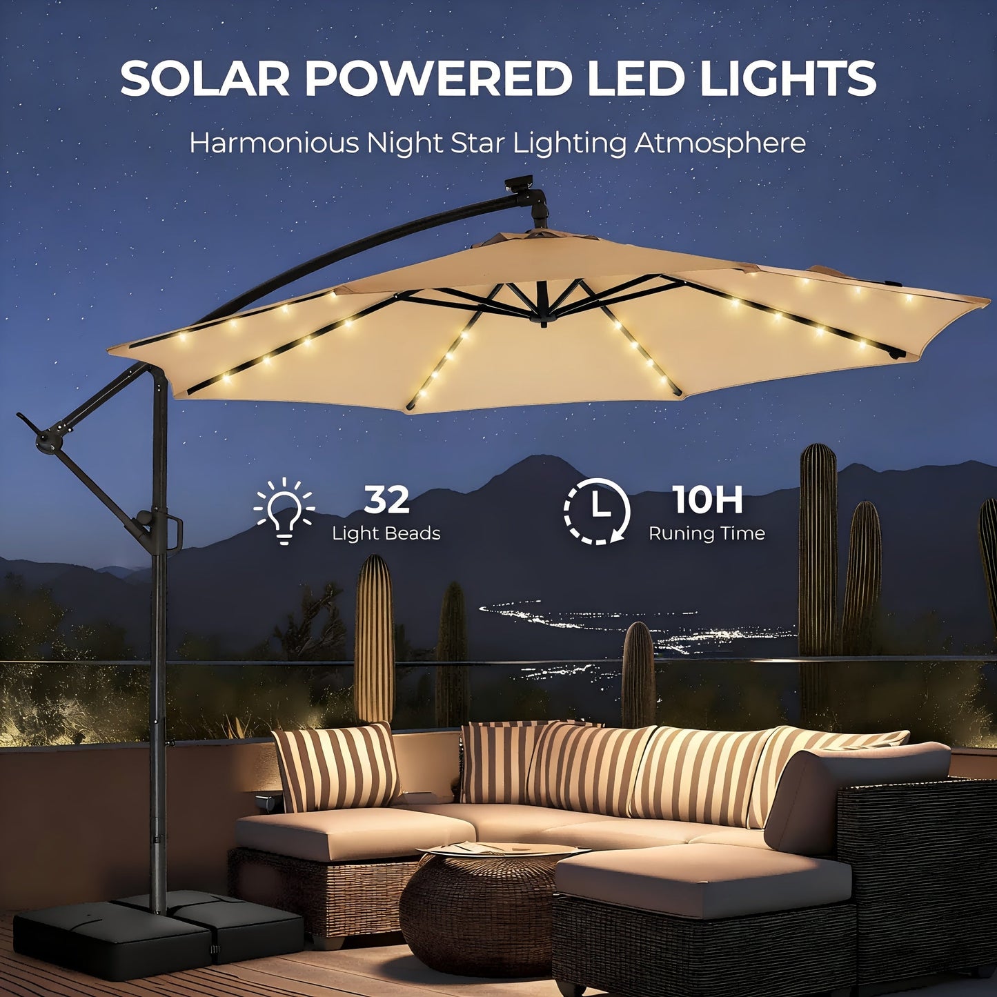 Patio Umbrella 10FT Solar LED Cantilever Style with 32 Lights, Eight-Rib Frame, Tilt and Four Colors