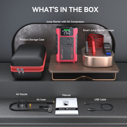 Portable Jump Starter 9-in-1 with Air Compressor – 12V Car Battery Booster for 8.0L Gas & 6.5L Diesel, USB-C, LED Emergency Light