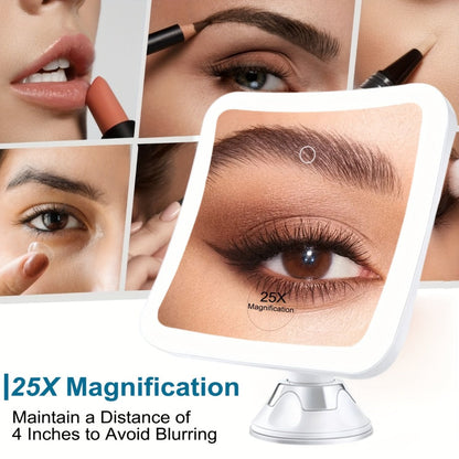 25X Magnifying Mirror with LED Light Suction Cup Mount, for Makeup, Travel and Everyday Vanity Use