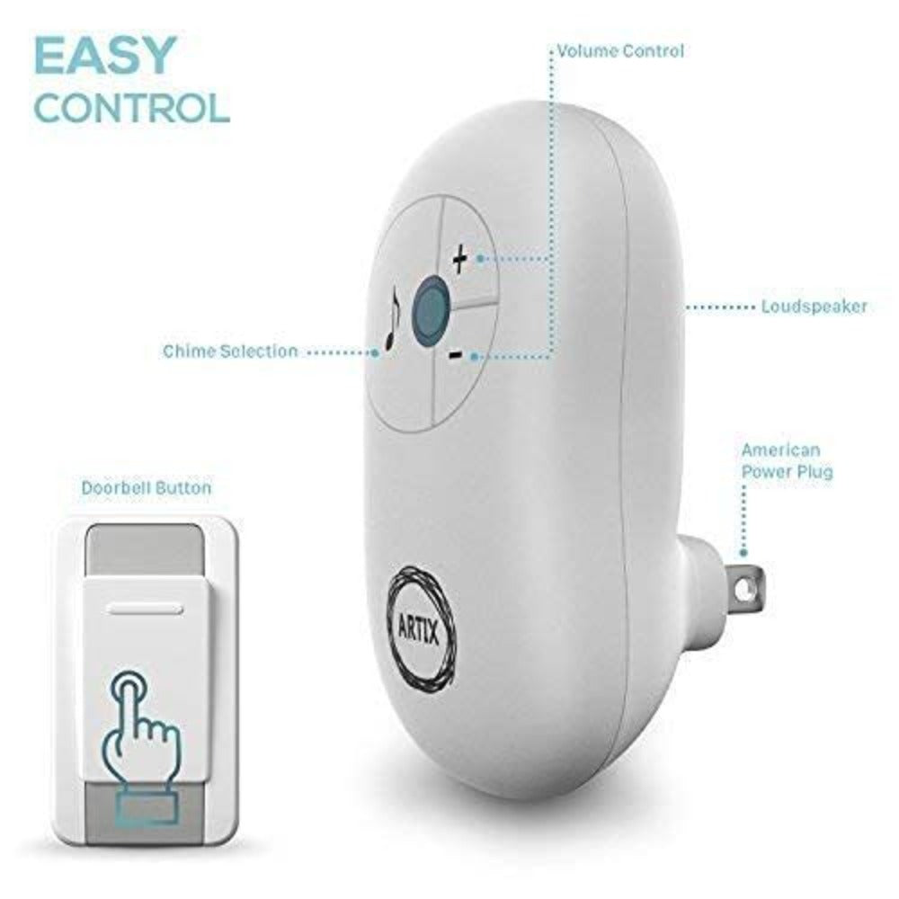 Wireless Doorbell Kit 36 Chimes 100M Range, Adjustable Volume 25-110dB, Plug-In Receiver & Push Button Transmitter
