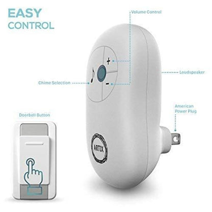 Wireless Doorbell Kit 36 Chimes 100M Range, Adjustable Volume 25-110dB, Plug-In Receiver & Push Button Transmitter