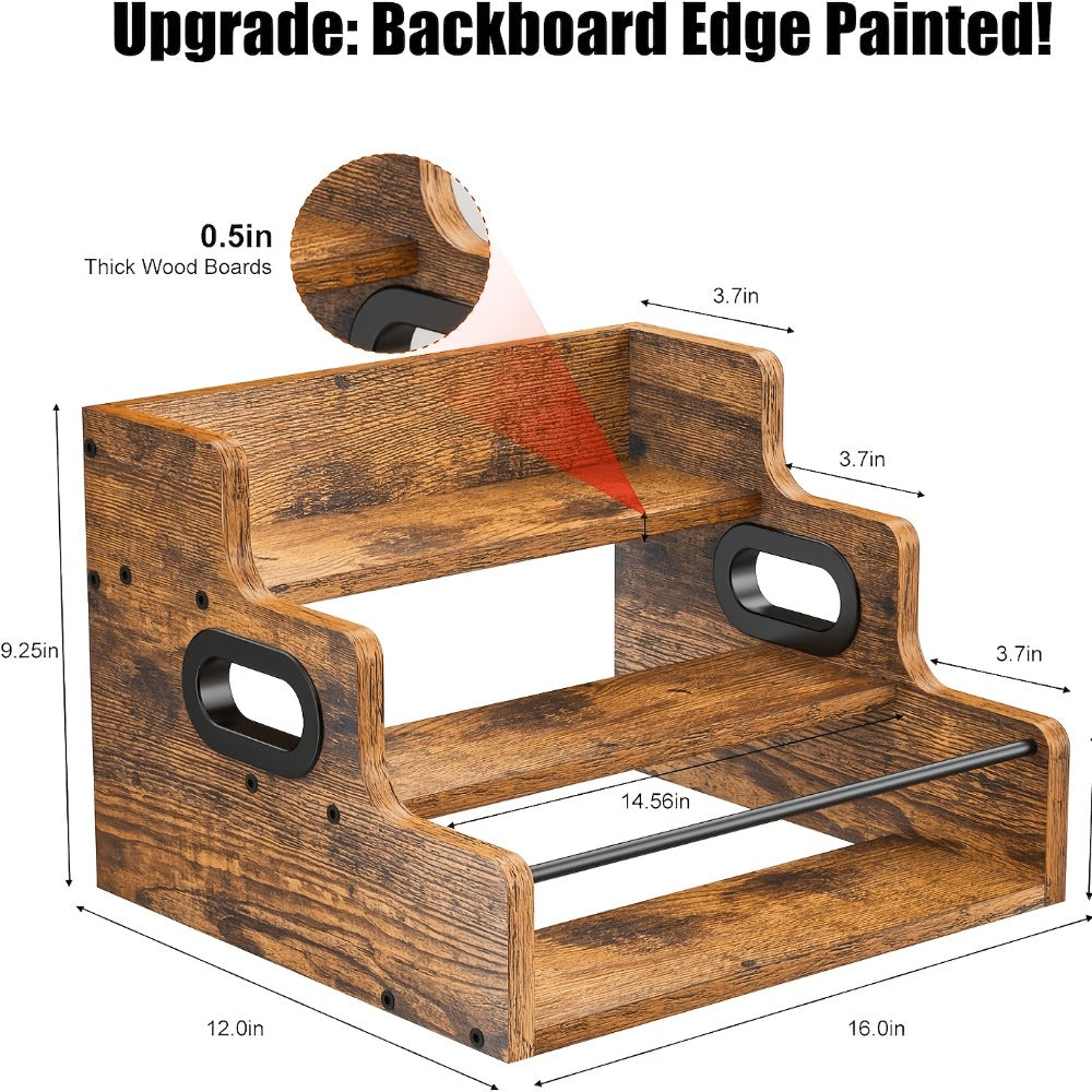 Wood Wine Rack 3 Tier Countertop Liquor Bottle Display Shelf | Solid Wood Bar Organizer for Whiskey Spirits Coffee Syrup Spices | Retro Mini