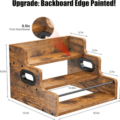 Wood Wine Rack 3 Tier Countertop Liquor Bottle Display Shelf | Solid Wood Bar Organizer for Whiskey Spirits Coffee Syrup Spices | Retro Mini