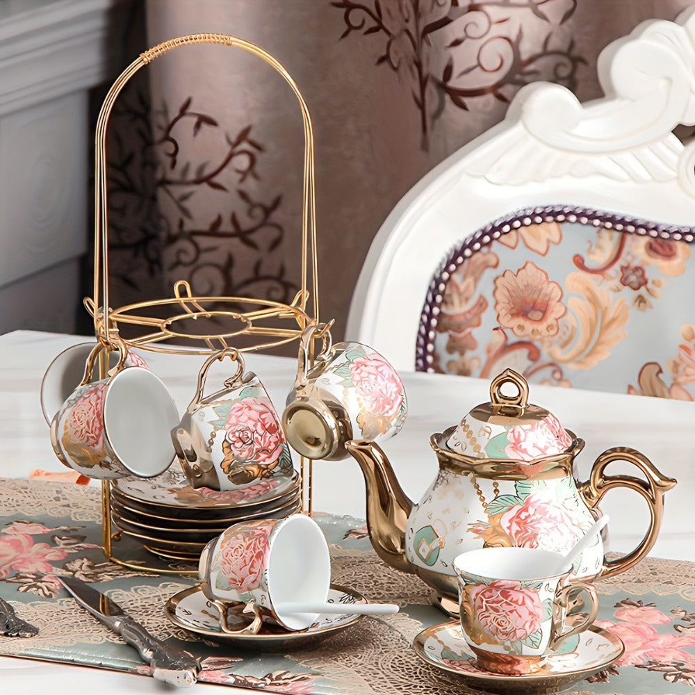 20-Piece Floral Ceramic Tea Set with Saucers & Metal Stand, European Afternoon Tea Service, Blooming Design