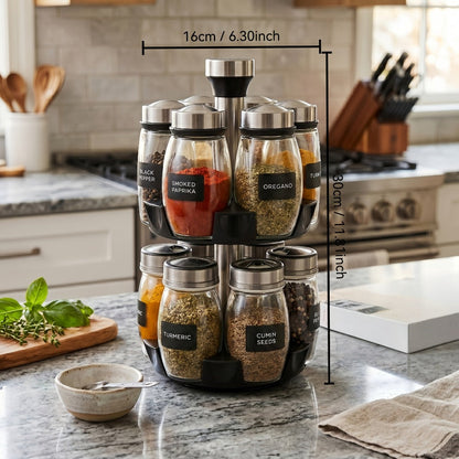 Glass Spice Jar Set with Rotating Rack, Airtight Kitchen Spice Organizer with 360° Stainless Steel Stand
