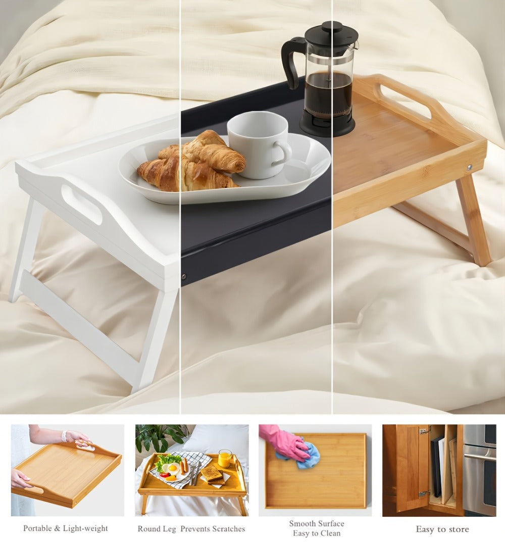 Bamboo Breakfast Tray with Folding Legs & Handles 2 Pack, Extra Wide Foldable Bed Tray Table for Eating