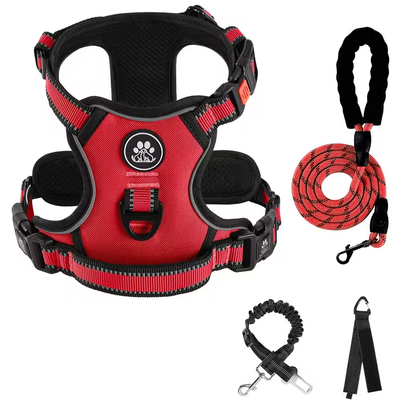 No Pull Dog Harness Set with Collar, Leash & Retractable Seatbelt – Reflective Adjustable Breathable Vest for Small to Large Dogs