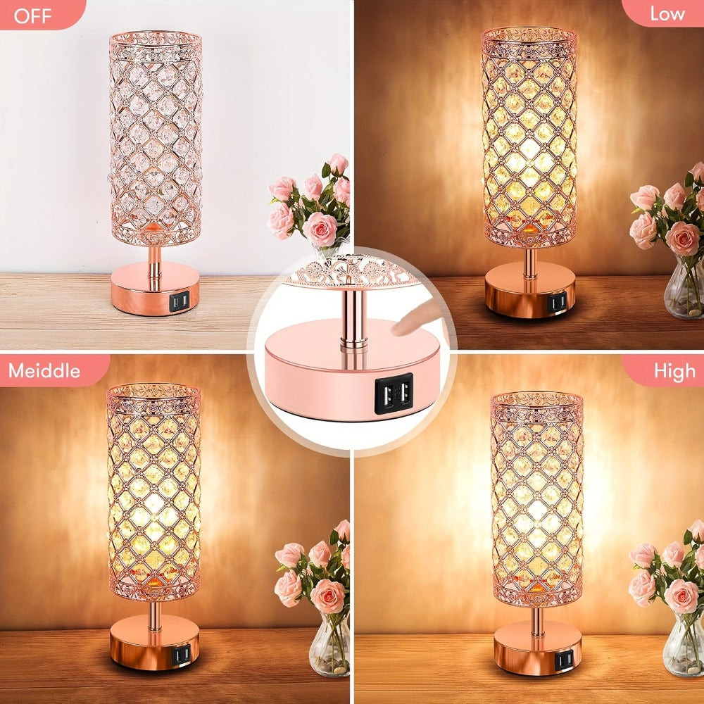 Crystal Cylinder Bedside Table Lamp with Dual USB Ports in Three Finishes and One- or Two-Pack Options