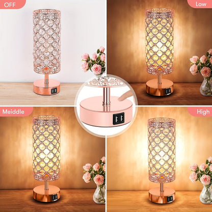Crystal Cylinder Bedside Table Lamp with Dual USB Ports in Three Finishes and One- or Two-Pack Options