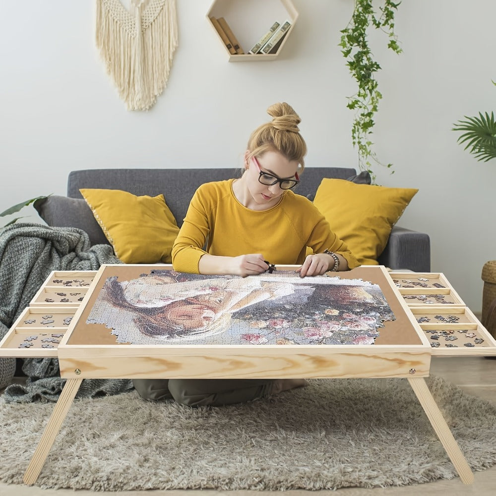 Jigsaw Puzzle Table with Folding Legs – 4 Drawers 16 Sorting Grids Portable Wooden Puzzle Board for 1000 Pieces