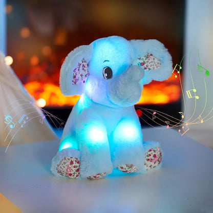 Plush Toy Blue Elephant with LED Glow and Optional Lullaby Music for Soft Room Display and Gifting
