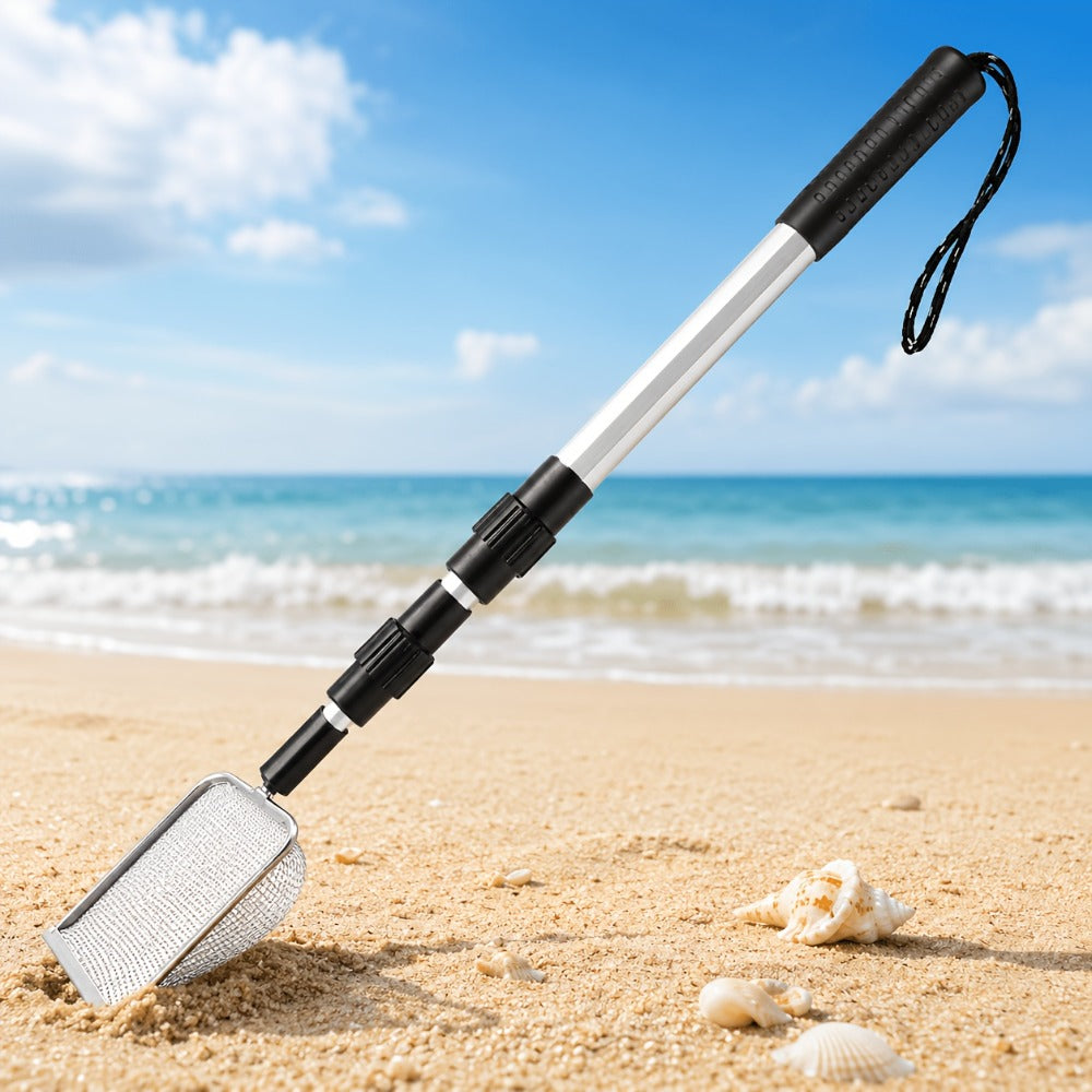 Stainless Steel Beach Sand Sifter with Retractable Telescopic Handle – Portable Sand Sieve for Treasure Hunting