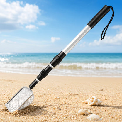 Stainless Steel Beach Sand Sifter with Retractable Telescopic Handle – Portable Sand Sieve for Treasure Hunting