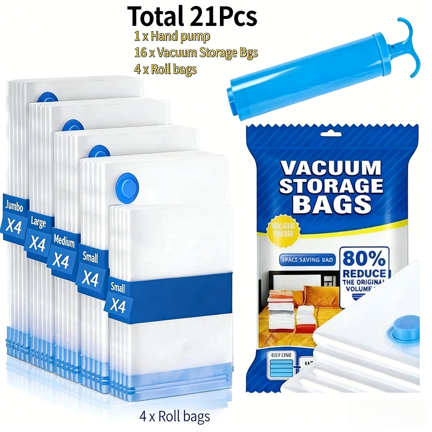 Vacuum Storage Bags with Air Pump, 20-21 Pack Reusable Compression Bags for Clothes, Quilts & Blankets