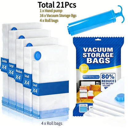 Vacuum Storage Bags with Air Pump, 20-21 Pack Reusable Compression Bags for Clothes, Quilts & Blankets