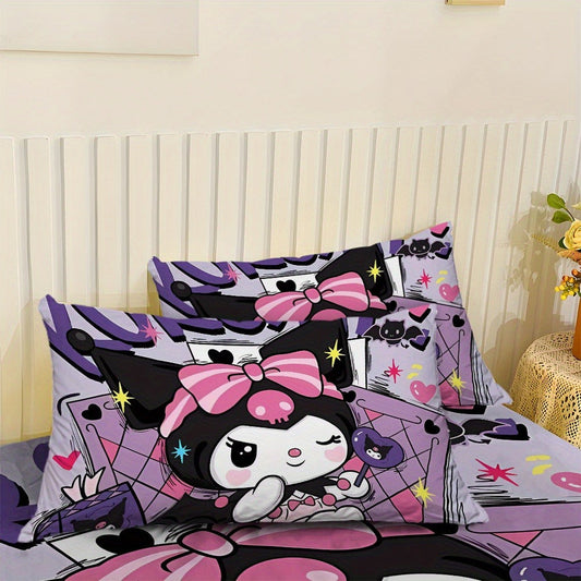 Sanrio Hello Kitty & Kuromi Bedding Set 3pcs, Fitted Sheet & Pillowcases, Polyester, Twin Full Queen King