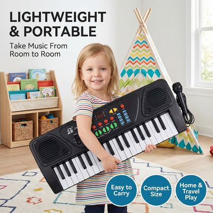 Kids Electronic Keyboard with Microphone, Black, Music Learning Toy for Boys & Girls, Sing-Along Piano Instrument
