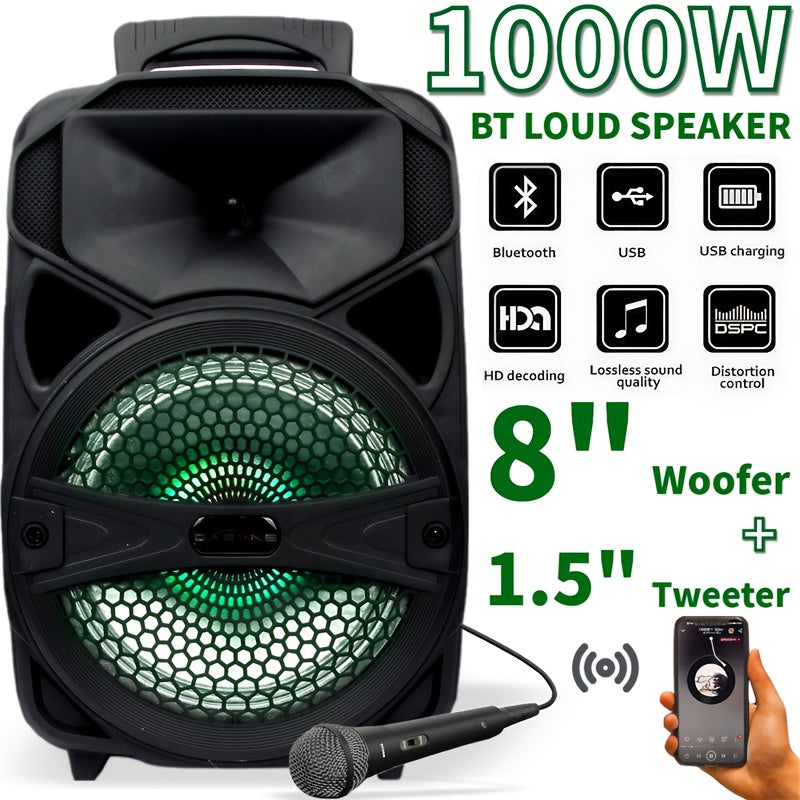 1100W Party Speaker with 7-Mode LED Lighting & Microphone, Portable Wireless Subwoofer, 8-Inch Bass Driver