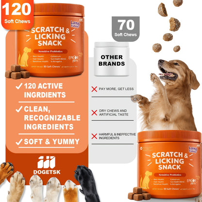 Dog Omega 3 Skin & Coat Chews 90ct – Lamb Flavor Soft Pellets with Probiotics for Itching, Scratching & Licking Relief