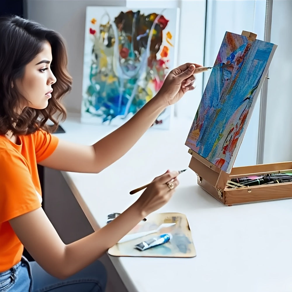 14-Piece Portable Painting Box Set with Adjustable Tabletop Easel, Canvas, Brushes and Palette Knife
