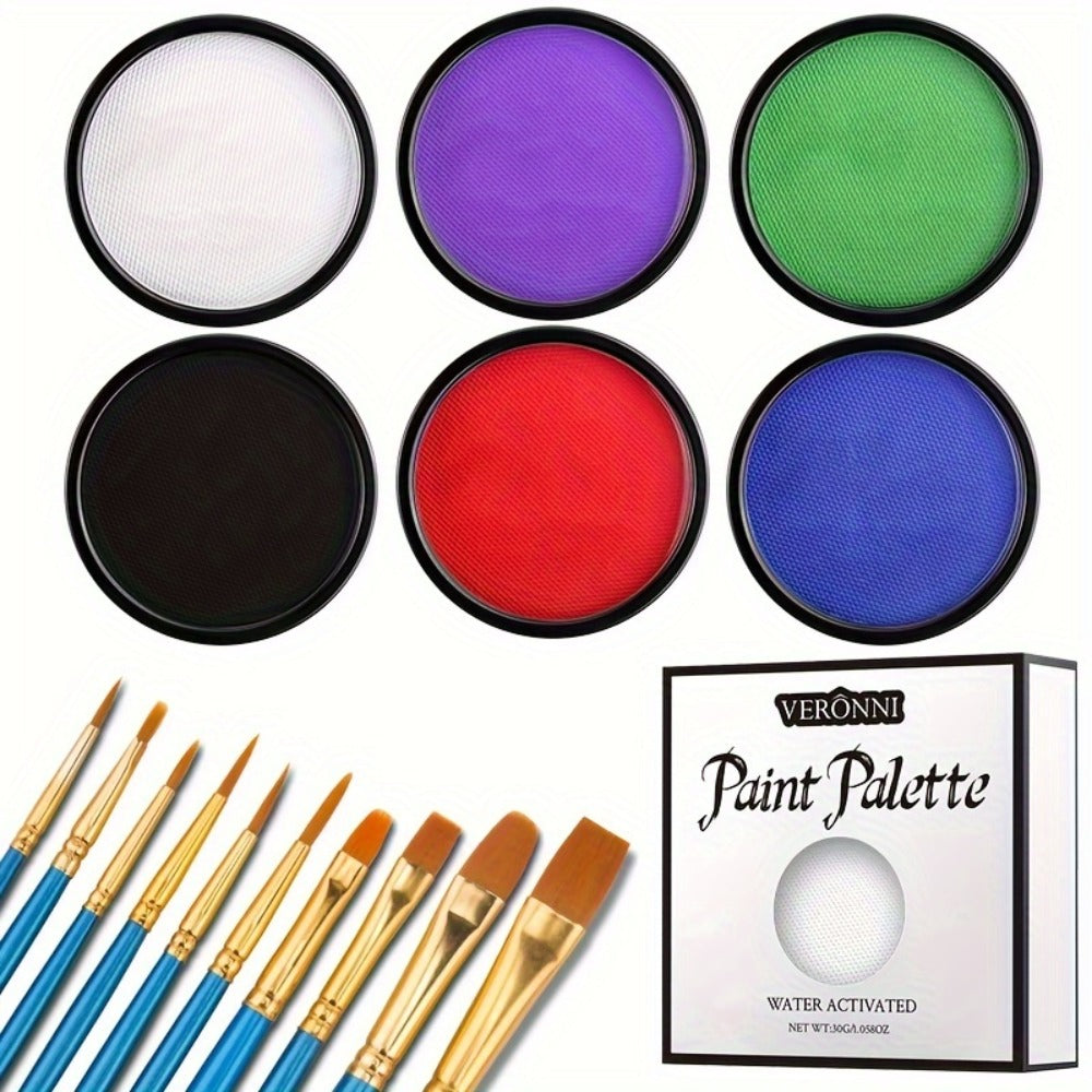 Water Activated Face Paint Kit 6 Colors with 10 Brushes, Water Based Face Body Paint Palette Black White Red