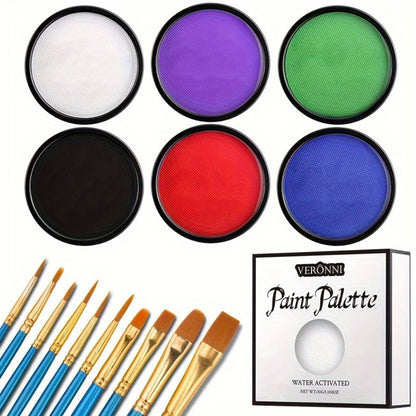 Water Activated Face Paint Kit 6 Colors with 10 Brushes, Water Based Face Body Paint Palette Black White Red