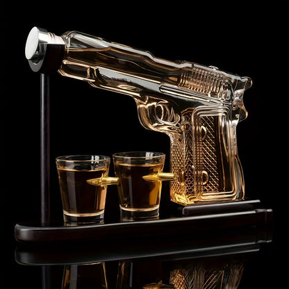 Whiskey Gun Decanter Set 10oz with 2 Bullet Shot Glasses & Wooden Stand, Handgun Shaped Liquor Decanter for Home Bar