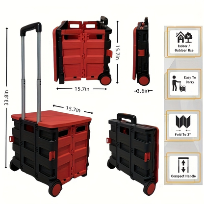 Collapsible Rolling Cart with Wheels – 80 Lbs Heavy Duty Foldable Crate on Wheels for Teachers, Shopping & Storage, Lid Doubles as Seat