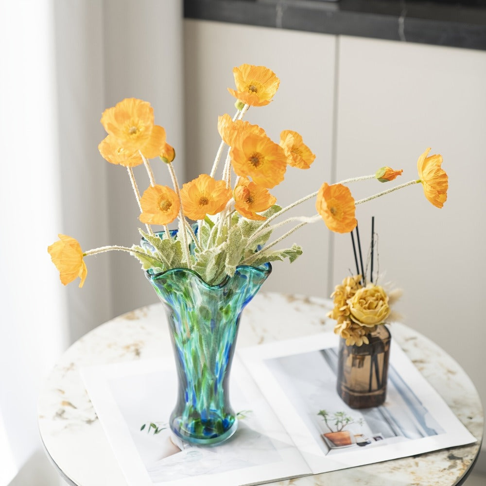 Hand Blown Glass Vase Colorful Wide Mouth, Teal Green Art Glass Flower Vase for Fresh Flowers & Spring Arrangements