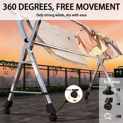 Folding A-Frame Clothes Drying Rack with Telescopic Rods, Wheels, Hooks and Four 62.9-94.4-Inch Layouts