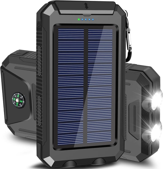 Solar Power Bank, 10000mAh Dual-USB Charger with Solar Panel, LED Lights, Compass and Black or Orange Finish