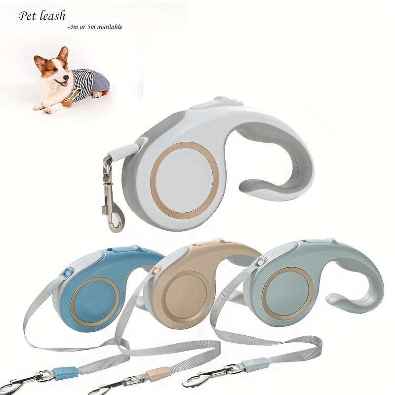 Retractable Dog Leash with 16-Foot Tape, One-Button Lock and Six Champagne, White or Blue Size Options