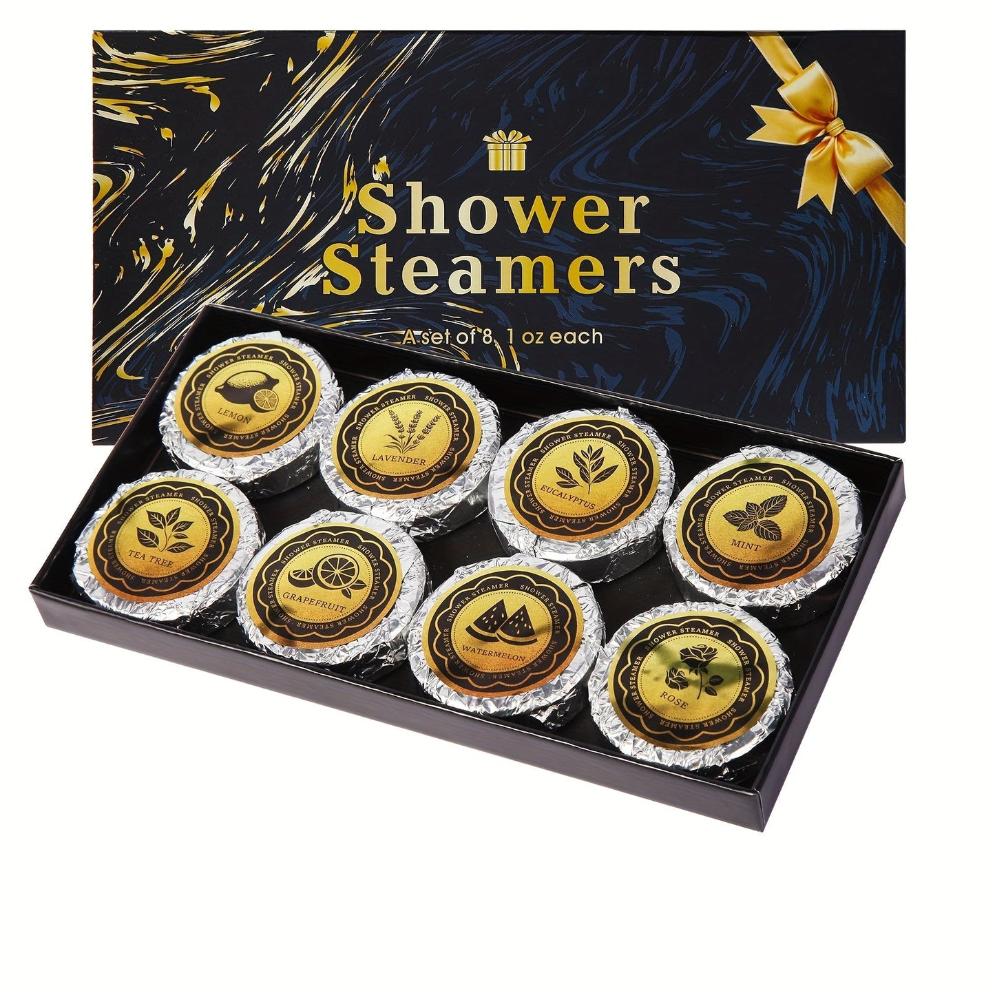 Eight 30 g Shower Steamer Tablets in Eight Fragrance Labels with Black-and-Gold Gift Box Packaging