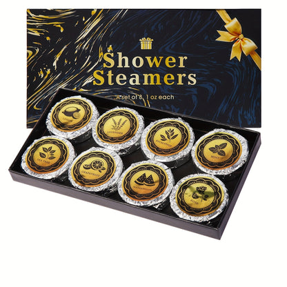 Eight 30 g Shower Steamer Tablets in Eight Fragrance Labels with Black-and-Gold Gift Box Packaging