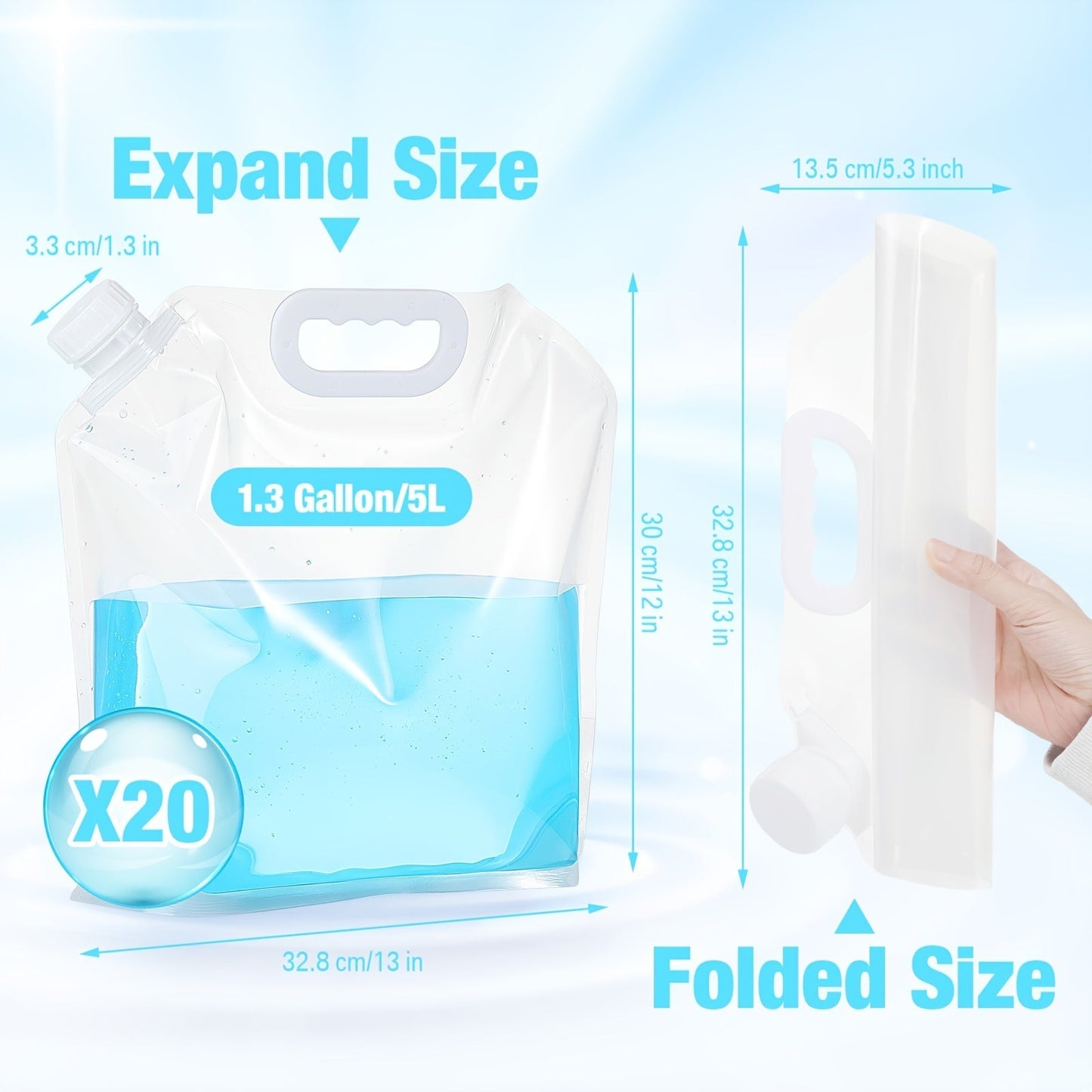 Collapsible Water Bags 20 Pack – 1.3 Gallon Each (26 Gallons Total) Food-Grade Clear Foldable Plastic Water Storage Containers