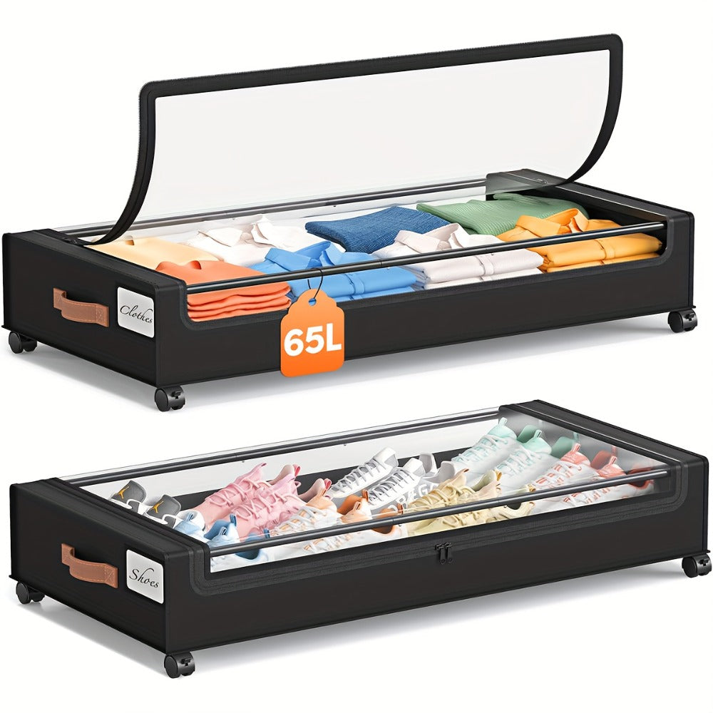 Under Bed Storage Organizer 2-Pack Rolling Boxes in Black or Gray for Clothes, Shoes and Bedding