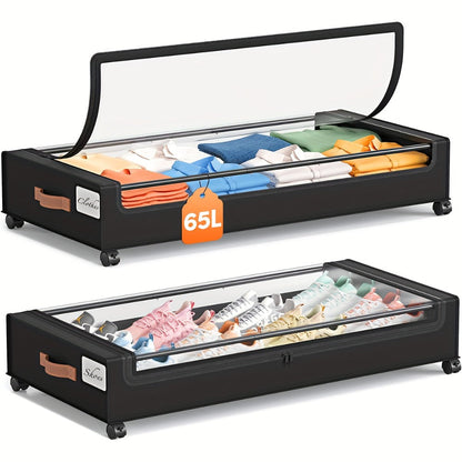 Under Bed Storage Organizer 2-Pack Rolling Boxes in Black or Gray for Clothes, Shoes and Bedding