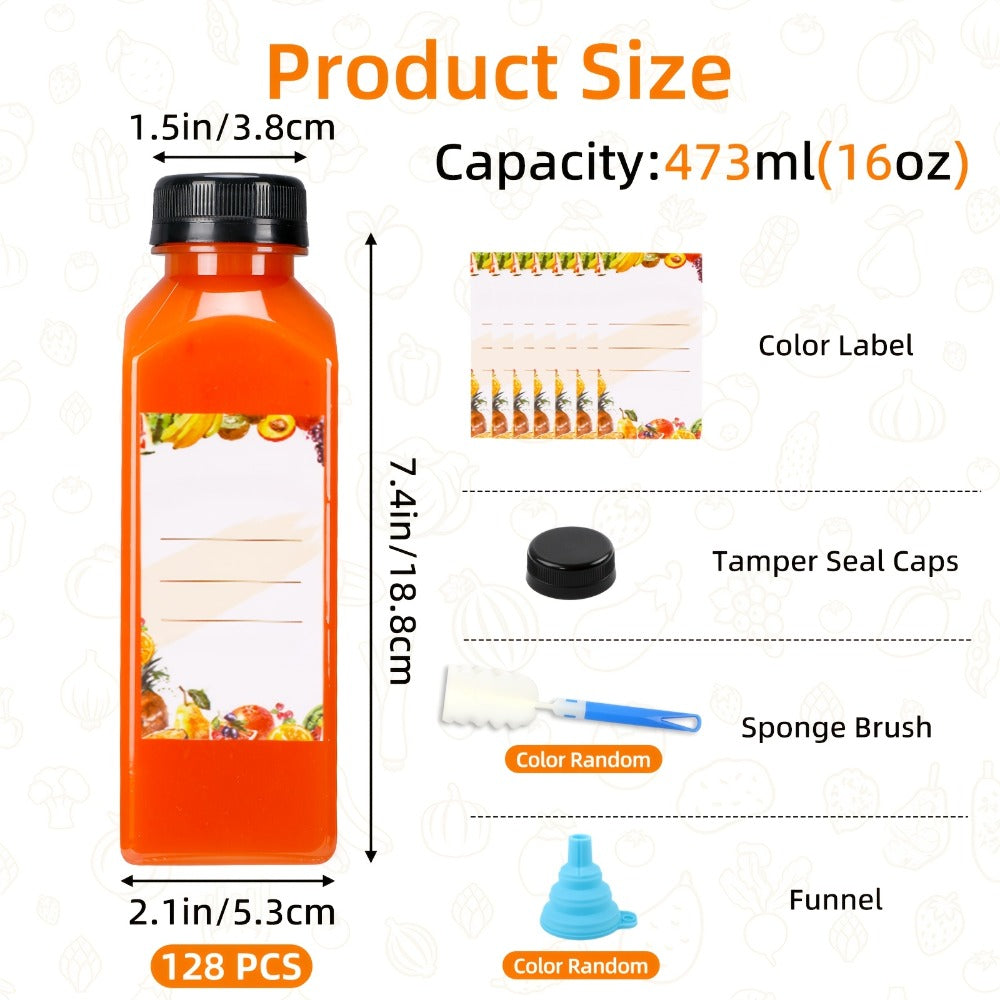 Plastic Juice Bottles with Caps 128pcs Bulk - Clear Reusable Beverage Bottles with Lids for Entryways, Bedrooms and Living Spaces