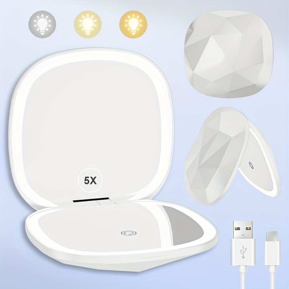 LED Makeup Mirror with 5X Magnification & 3 Color Lights – Dual Sided 1X 5X Lighted Vanity Mirror, Portable Compact Travel Mirror for Women